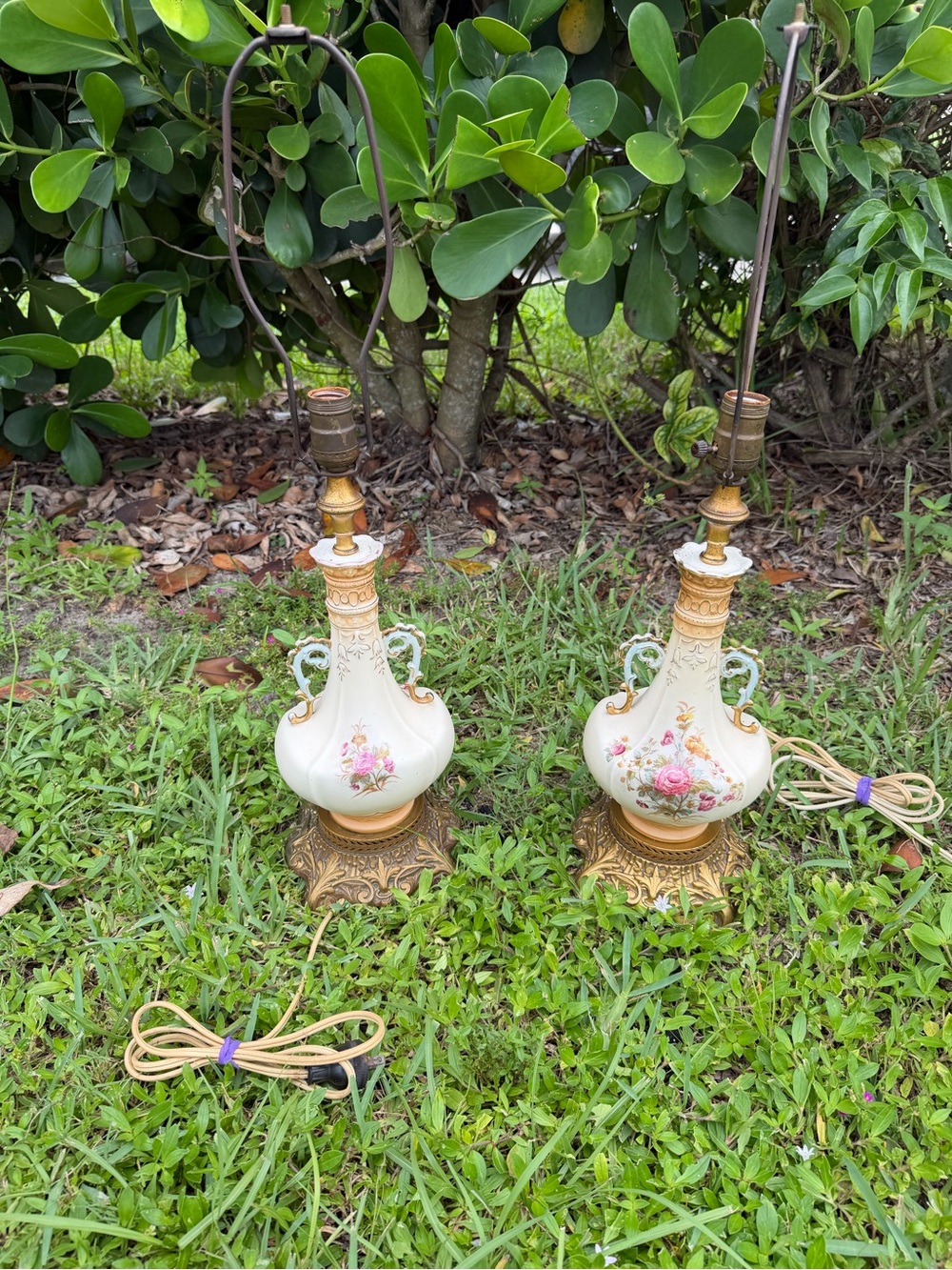 Vintage Porcelain Floral Table Lamp Pair - Cream with Pink Roses
